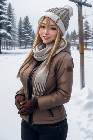 masterpiece, best quality, highres, mature, 1girls, solo girl, marikawashizuka, real Blonde hairs, Brown eyes, huge breasts, wide hips, smoot hands, smile smale, jewelery, winter jacket, winter hat, winter brown pants, winter glowes, snowing, Scarf, snowboard