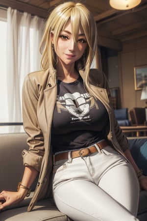 masterpiece, best quality, highres, mature, 1girls, solo girl, marikawashizuka, real Blonde hairs, Brown eyes, huge breasts, weak smile, wide hips, smoot hands, jewelery, bracelet, t-shirt, jacket coat, white pants, seductive pose, caffe shop, sit, sofa, legs crosed