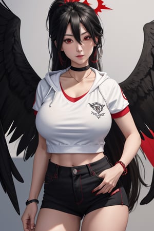 masterpiece, best quality, highres, hasumidef, hasumigym, 1girls, solo, girl, mature, cute, weak red eyes, wide hips, red halo, long hair, huge breasts, giant breasts, black hair, one pair black wings behind, large hoodiejewelry, choker necklace, bracelet, black jeans, 