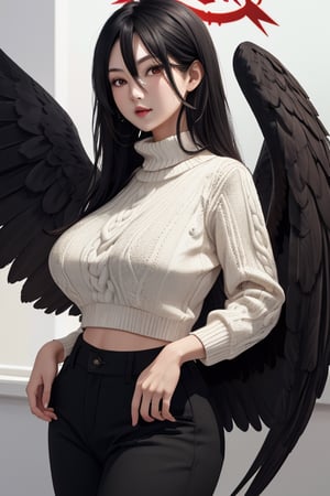 masterpiece, best quality, highres, 1girls, solo, mature, girl, wide hips, red halo, long hair, wing behind, huge breasts, black hair, black wings, sweater, pants