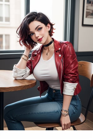 masterpiece, best quality, highres, solo, 1girl,  ruby rose, big breasts, wide hips, big eyes, cute, energetic, smile, pearcing, jewelry, choker necklace, bracelet, black jeans, white t-shirt, leather red jacket, dark black jeans, sit on chair, caffe shop, table