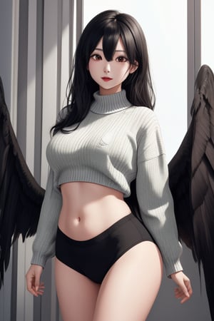 masterpiece, best quality, highres, 1girls, solo girl, wide hips, wing behind, black hair, black wings, sweater,