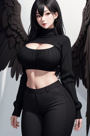 masterpiece, best quality, highres, 1girls, solo, mature, girl, wide hips, wing behind, huge breasts, black hair, black wings, sweater, pants