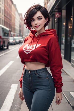 masterpiece, best quality, highres, solo, 1girl,  ruby rose, big breasts, wide hips, big eyes, cute, smile, looking at viewer, red hoodie, wide pants