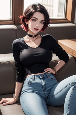 masterpiece, best quality, highres, solo, 1girl,  ruby rose, big breasts, wide hips, big eyes, cute, energetic, smile, pearcing, jewelry, choker necklace, bracelet, black jeans, white t-shirt, leather red jacket, dark black jeans, sit on sofa, caffe shop, 