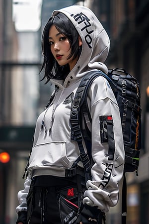 masterpiece, best quality, highres, solo, asian girl, mature, long hair, black hair, hime cut, mature woman, big breasts, detailed face, techwear hoodie, techwear pants, backpack, ,urban techwear,