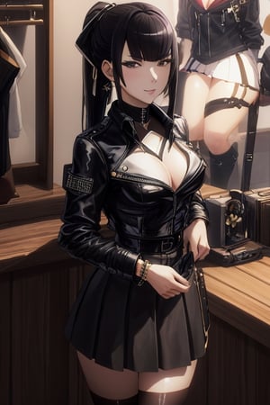 masterpiece, best quality, highres, 1girls, solo, narberal gamma, girl, mature, cute, big breasts, wide hips, long hair, black hair, sexy, jewelry, choker necklace, bracelet, leather jacket, shirt, skirt, pantyhouse, seductive pose, small smile