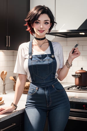 masterpiece, best quality, highres, solo, 1girl,  ruby rose, big breasts, wide hips, big eyes, cute, energetic, smile, pearcing, jewelry, choker necklace, bracelet, black jeans, white t-shirt, apron, dark black jeans, cookies in hand, kitchen, baking cookies, full apron