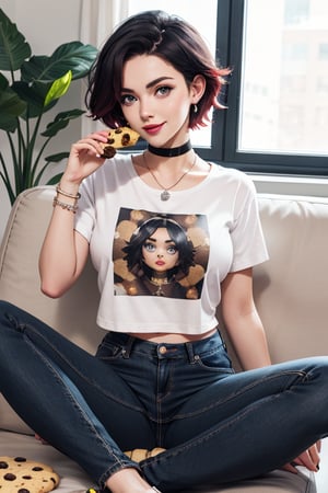 masterpiece, best quality, highres, solo, 1girl,  ruby rose, big breasts, wide hips, big eyes, cute, energetic, smile, pearcing, jewelry, choker necklace, bracelet, black jeans, white t-shirt,  dark black jeans, eating cookies, sit on sofa, feets on table, cookies