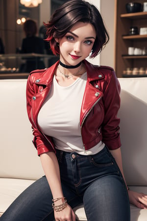 masterpiece, best quality, highres, solo, 1girl,  ruby rose, big breasts, wide hips, big eyes, cute, energetic, smile, pearcing, jewelry, choker necklace, bracelet, black jeans, white t-shirt, leather red jacket, dark black jeans, sit on sofa, caffe shop, 