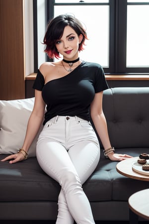 masterpiece, best quality, highres, solo, 1girl,  ruby rose, big breasts, wide hips, big eyes, cute, energetic, smile, pearcing, jewelry, choker necklace, bracelet, black jeans, white t-shirt,  dark black jeans, eating cookies, sit on sofa, feets on table, cookies