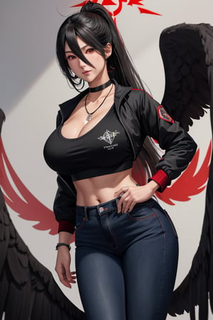 masterpiece, best quality, highres, hasumidef, hasumigym, 1girls, solo, girl, mature, cute, giant breasts, weak red eyes, wide hips, red halo, long hair, huge breasts,  black hair, huge_breasts, one pair black wings behind, jacket, jewelry, choker necklace, bracelet, black long jeans,