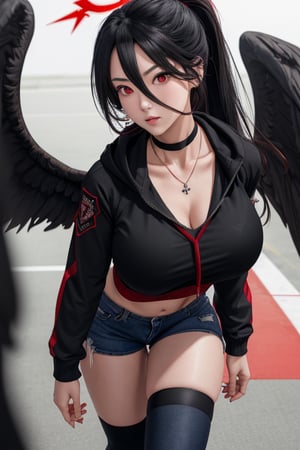 masterpiece, best quality, highres, hasumidef, hasumigym, 1girls, solo, girl, mature, cute, weak red eyes, wide hips, red halo, long hair, huge breasts, giant breasts, black hair, one pair black wings behind, large hoodiejewelry, choker necklace, bracelet, black jeans, running