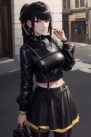 masterpiece, best quality, highres, 1girls, solo, narberal gamma, girl, mature, cute, big breasts, wide hips, long hair, black hair, sexy, jewelry, choker necklace, bracelet, leather jacket, shirt, skirt, pantyhouse, seductive pose, small smile, better hands, street