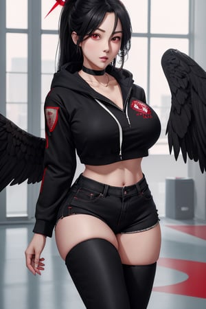 masterpiece, best quality, highres, hasumidef, hasumigym, 1girls, solo, girl, mature, cute, weak red eyes, wide hips, red halo, long hair, huge breasts, giant breasts, black hair, one pair black wings behind, large hoodiejewelry, choker necklace, bracelet, black jeans, running