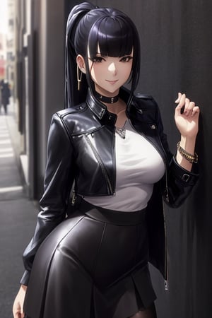 masterpiece, best quality, highres, 1girls, solo, narberal gamma, girl, mature, cute, big breasts, wide hips, long hair, black hair, sexy, jewelry, choker necklace, bracelet, leather jacket, shirt, skirt, pantyhouse, seductive pose, small smile, better hands, street