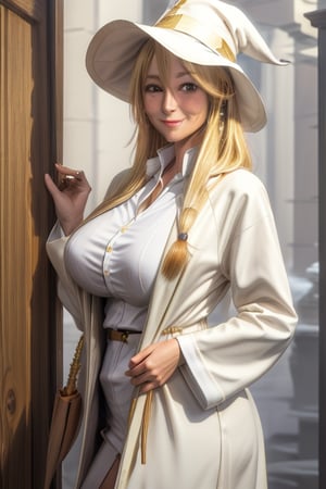 masterpiece, best quality, highres, mature, 1girls, solo girl, marikawashizuka, real Blonde hairs, Brown eyes, huge breasts, wide hips, smoot hands, smile smale, jewelery, wand,  white lether shirt, jacket, white witch hat, robes, mage