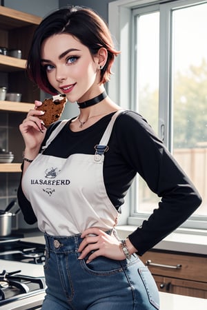 masterpiece, best quality, highres, solo, 1girl,  ruby rose, big breasts, wide hips, big eyes, cute, energetic, smile, pearcing, jewelry, choker necklace, bracelet, black jeans, white t-shirt, apron, dark black jeans, eating cookies, kitchen, baking cookies, full apron