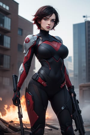 masterpiece, best quality, highres, solo, 1girl, ruby rose, big breasts, wide hips, looking at viewer, battle suit, sniper_rifle