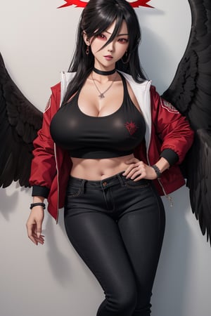 masterpiece, best quality, highres, hasumidef, hasumigym, 1girls, solo, girl, mature, cute, giant breasts, weak red eyes, wide hips, red halo, long hair, huge breasts,  black hair, huge_breasts, one pair black wings behind, jacket, jewelry, choker necklace, bracelet, black long jeans,