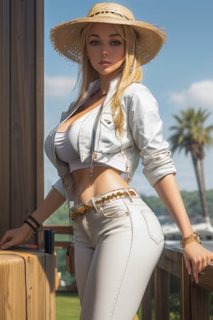 masterpiece, best quality, highres, 1girls, solo girl, marikawashizuka, real Blonde hairs, Brown eyes, huge breasts, wide hips, sexy, smoot hands, jewelery, bracelet, short tight t-shirt, tight white pants, seductive pose, white drip jacket, straw hat