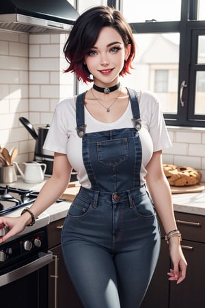 masterpiece, best quality, highres, solo, 1girl,  ruby rose, big breasts, wide hips, big eyes, cute, energetic, smile, pearcing, jewelry, choker necklace, bracelet, black jeans, white t-shirt, apron, dark black jeans, cookies in hand, kitchen, baking cookies, full apron