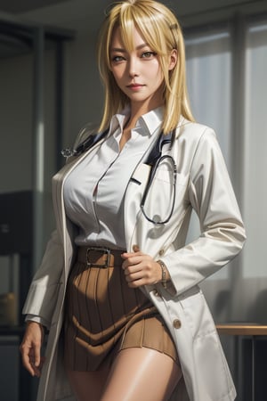 masterpiece, best quality, highres, 1girls, solo girl, marikawashizuka, real Blonde hairs, Brown eyes, huge breasts, wide hips, sexy, smoot hands, jewelery, bracelet, shirt, thigh black skirt, white coat, stethoscope