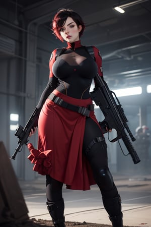 masterpiece, best quality, highres, solo, 1girl, ruby rose, big breasts, wide hips, looking at viewer, battle suit, red long skirt, sniper_rifle