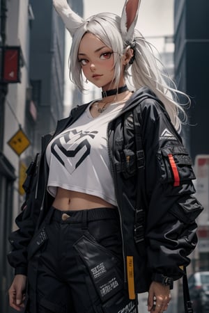 masterpiece, best quality, highres,1girl, solo, mature, milf, mirko mha, rabbit ears, long hair, white hair, wide hips, light dark skin, strong tanned skin, white hair, red eyes, animal ears, rabbit girl, muscular female, abs, huge breasts, sexy, jewelry, choker necklace, bracelet, techwear pants, techwear  t-shirt, techwear coat, urban techwear