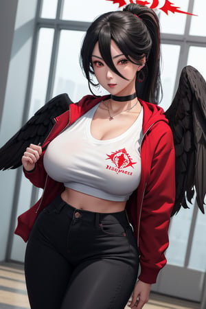 masterpiece, best quality, highres, hasumidef, hasumigym, 1girls, solo, girl, mature, cute, giant breasts, weak red eyes, wide hips, red halo, long hair, huge breasts,  black hair, one pair black wings behind, large hoodiejewelry, choker necklace, bracelet, black jeans, backpack