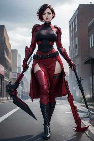 masterpiece, best quality, highres, solo, 1girl, ruby rose, big breasts, wide hips, looking at viewer, battle suit, red long skirt, scythe