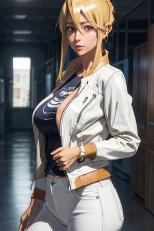 masterpiece, best quality, highres, hmmr1, mature, 1girls, solo girl, marikawashizuka,  large breasts, jewelry, navy t-shirt, white pants, leather brown jacket