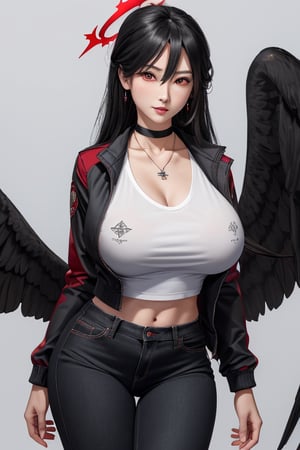 masterpiece, best quality, highres, hasumidef, hasumigym, 1girls, solo, girl, mature, cute, giant breasts, weak red eyes, wide hips, red halo, long hair, huge breasts,  black hair, huge_breasts, one pair black wings behind, jacket, jewelry, choker necklace, bracelet, black long jeans,