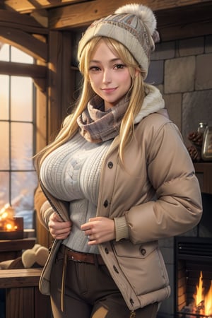 masterpiece, best quality, highres, mature, 1girls, solo girl, marikawashizuka, real Blonde hairs, Brown eyes, huge breasts, wide hips, smoot hands, smile smale, jewelery, swaeter, winter jacket, winter hat, winter brown pants, winter glowes, Scarf, fireplace, indoors