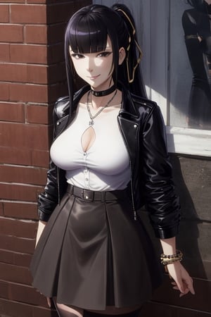 masterpiece, best quality, highres, 1girls, solo, narberal gamma, girl, mature, cute, big breasts, wide hips, long hair, black hair, sexy, jewelry, choker necklace, bracelet, leather jacket, shirt, skirt, pantyhouse, seductive pose, small smile, better hands, street