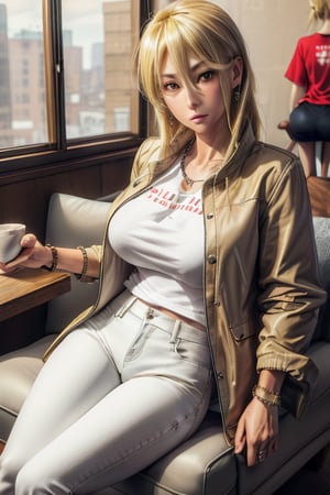 masterpiece, best quality, highres, mature, 1girls, solo girl, marikawashizuka, real Blonde hairs, Brown eyes, huge breasts, wide hips, smoot hands, jewelery, bracelet, t-shirt, jacket coat, white pants, seductive pose, caffe shop, sit, sofa, legs crosed