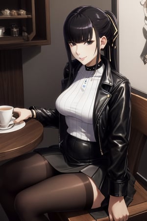 masterpiece, best quality, highres, 1girls, solo, narberal gamma, girl, mature, cute, big breasts, wide hips, long hair, black hair, sexy, jewelry, choker necklace, bracelet, leather jacket, shirt, skirt, pantyhouse, seductive pose, small smile, better hands, street caffe, sit, table chair