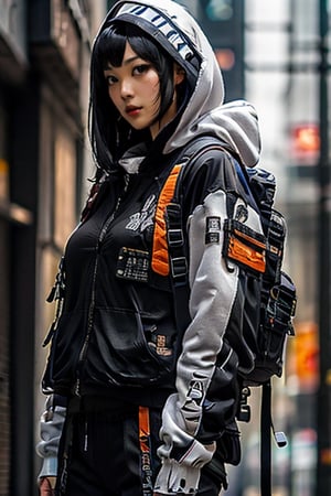 masterpiece, best quality, highres, solo, asian girl, mature, long hair, black hair, hime cut, mature woman, big breasts, detailed face, techwear hoodie, techwear pants, backpack, ,urban techwear,