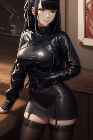 masterpiece, best quality, highres, 1girls, solo, narberal gamma, girl, mature, cute, big breasts, wide hips, long hair, black hair, sexy, jewelry, choker necklace, bracelet, leather jacket, shirt, skirt, pantyhouse, seductive pose, small smile