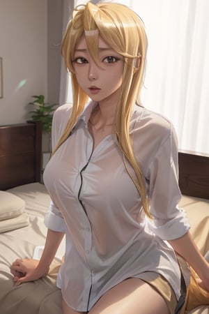 masterpiece, best quality, highres, hmmr1, mature, 1girls, solo girl, marikawashizuka, large breasts, Oversized shirt, lying on bed