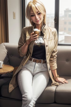 masterpiece, best quality, highres, mature, 1girls, solo girl, marikawashizuka, real Blonde hairs, Brown eyes, huge breasts, weak smile, wide hips, smoot hands, jewelery, bracelet, t-shirt, jacket coat, white pants, seductive pose, caffe shop, sit, sofa, legs crosed