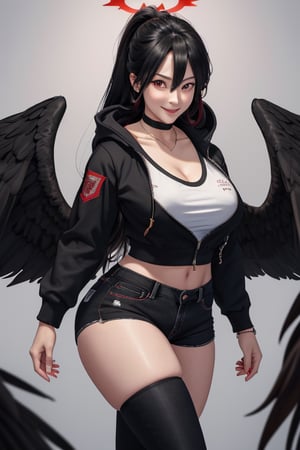 masterpiece, best quality, highres, hasumidef, hasumigym, 1girls, solo, girl, mature, cute, weak red eyes, wide hips, red halo, long hair, huge breasts, giant breasts, black hair, weak smile, one pair black wings behind, large hoodiejewelry, choker necklace, bracelet, black jeans, 