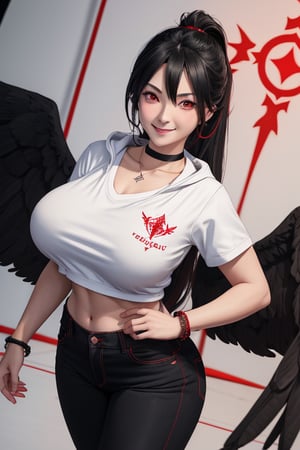 masterpiece, best quality, highres, hasumidef, hasumigym, 1girls, solo, girl, mature, cute, weak red eyes, wide hips, red halo, long hair, huge breasts, giant breasts, black hair, weak smile, one pair black wings behind, large hoodiejewelry, choker necklace, bracelet, black jeans, 