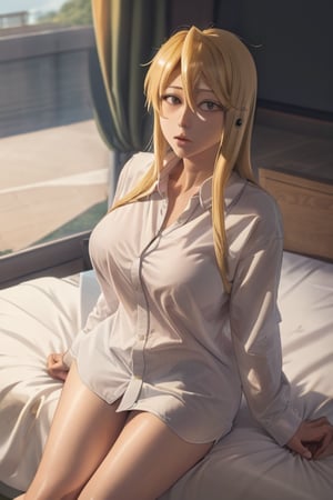 masterpiece, best quality, highres, hmmr1, mature, 1girls, solo girl, marikawashizuka, large breasts, Oversized shirt, bed