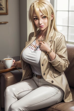 masterpiece, best quality, highres, mature, 1girls, solo girl, marikawashizuka, real Blonde hairs, Brown eyes, huge breasts, weak smile, wide hips, smoot hands, jewelery, bracelet, t-shirt, jacket coat, white pants, seductive pose, caffe shop, sit, sofa, legs crosed