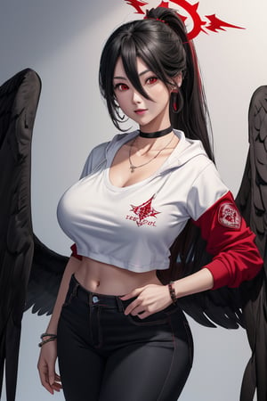 masterpiece, best quality, highres, hasumidef, hasumigym, 1girls, solo, girl, mature, cute, weak red eyes, wide hips, red halo, long hair, huge breasts, giant breasts, black hair, one pair black wings behind, large hoodiejewelry, choker necklace, bracelet, black jeans, 