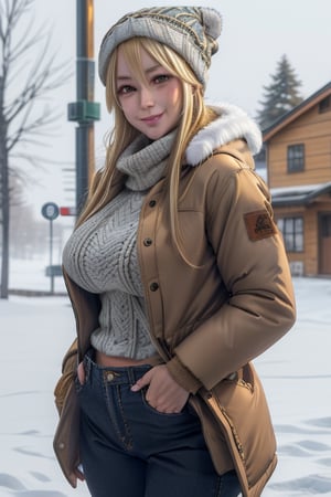 masterpiece, best quality, highres, mature, 1girls, solo girl, marikawashizuka, real Blonde hairs, Brown eyes, huge breasts, wide hips, smoot hands, smile smale, jewelery, winter jacket, winter hat, winter pants