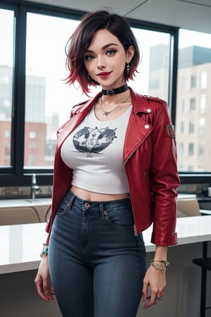 masterpiece, best quality, highres, solo, 1girl,  ruby rose, big breasts, wide hips, big eyes, cute, smile, pearcing, jewelry, choker necklace, bracelet, black jeans, white t-shirt, leather red jacket, black jeans, 