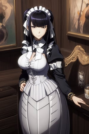 masterpiece, best quality, highres, 1girls, solo, narberal gamma, girl, mature, cute, big breasts, wide hips, long hair, black hair, sexy, jewelry, choker necklace, bracelet, jacket, seductive pose, maid, small smile