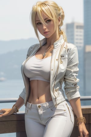 masterpiece, best quality, highres, 1girls, solo girl, marikawashizuka, real Blonde hairs, Brown eyes, huge breasts, wide hips, sexy, smoot hands, jewelery, bracelet, short tight t-shirt, tight white pants, seductive pose, white drip jacket